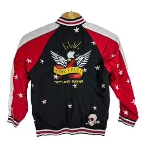 Born Fly Bomber Jacket Size XL Skulls Embroidered Eagles Stars Biker Grunge